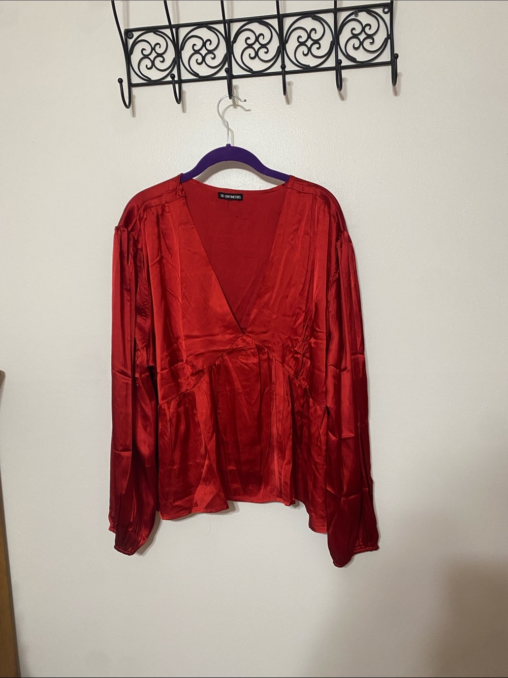Deep V Red Satin Like Blouse with Long Sleeves
